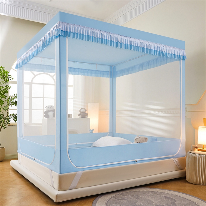 91家纺网 家纺一手货源 找家纺 浪幔纱蚊帐 2025新款A类可拆卸床单全底防摔蚊帐遮光床帘一体式回底拉链坐床 舒亚蓝【回底款】