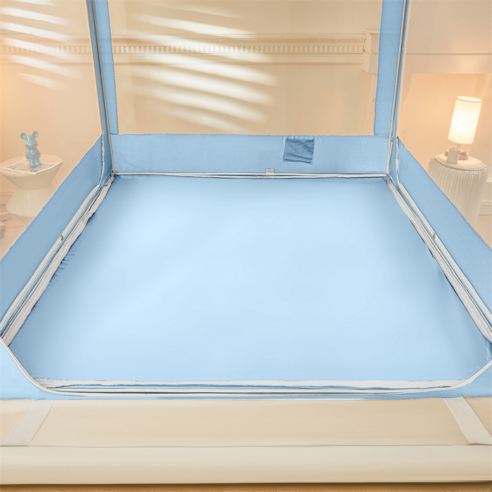91家纺网 家纺一手货源 找家纺 浪幔纱蚊帐 2025新款A类可拆卸床单全底防摔蚊帐遮光床帘一体式回底拉链坐床 舒亚蓝【回底款】