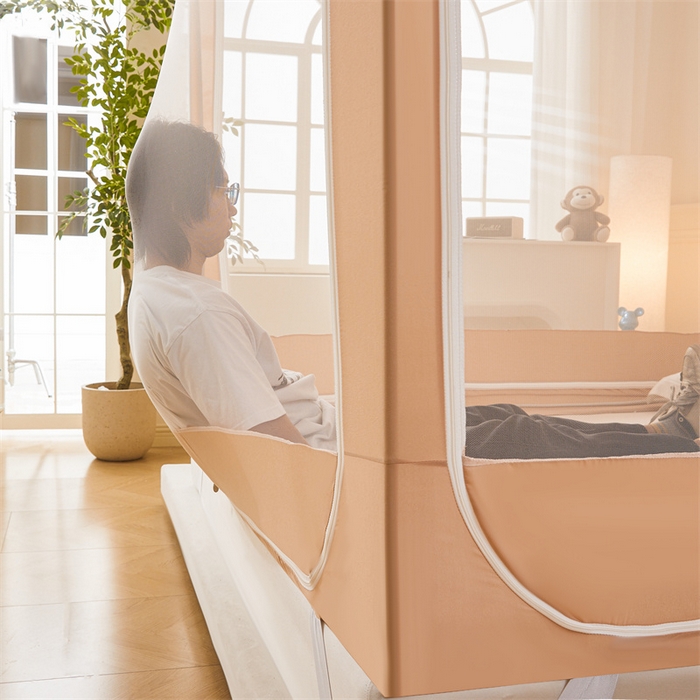 91家纺网 家纺一手货源 找家纺 浪幔纱蚊帐 2025新款A类可拆卸床单全底防摔蚊帐遮光床帘一体式回底拉链坐床 心意橙【回底款】