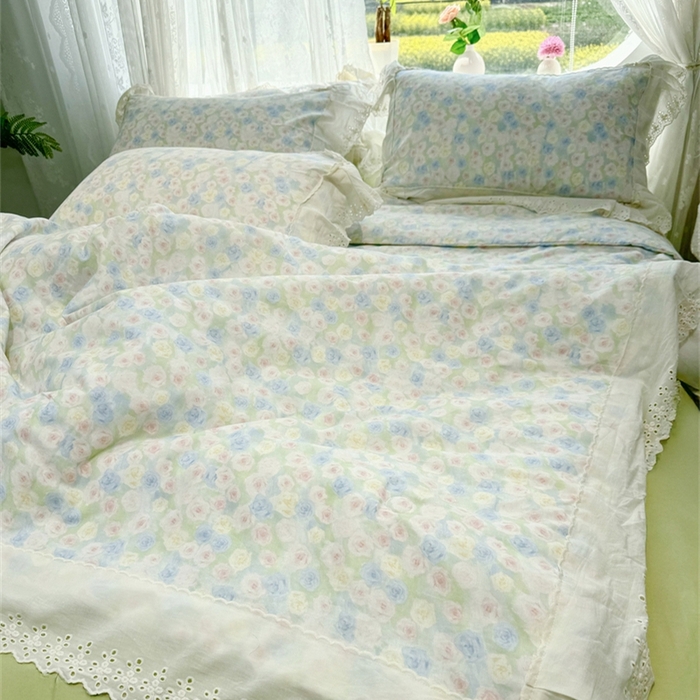 91家纺网 家纺一手货源 找家纺 眠博士2025新款双层纱印花花边夏被花卉系列  夏被-薄雾玫瑰