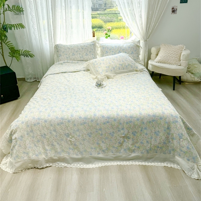 91家纺网 家纺一手货源 找家纺 眠博士2025新款双层纱印花花边夏被花卉系列  夏被-薄雾玫瑰