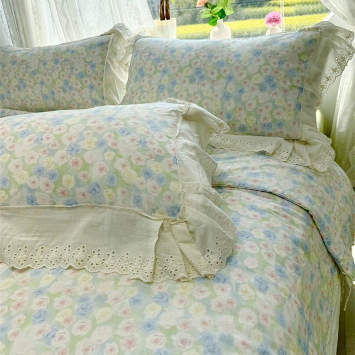 91家纺网 家纺一手货源 找家纺 眠博士2025新款双层纱印花花边夏被花卉系列  夏被-薄雾玫瑰