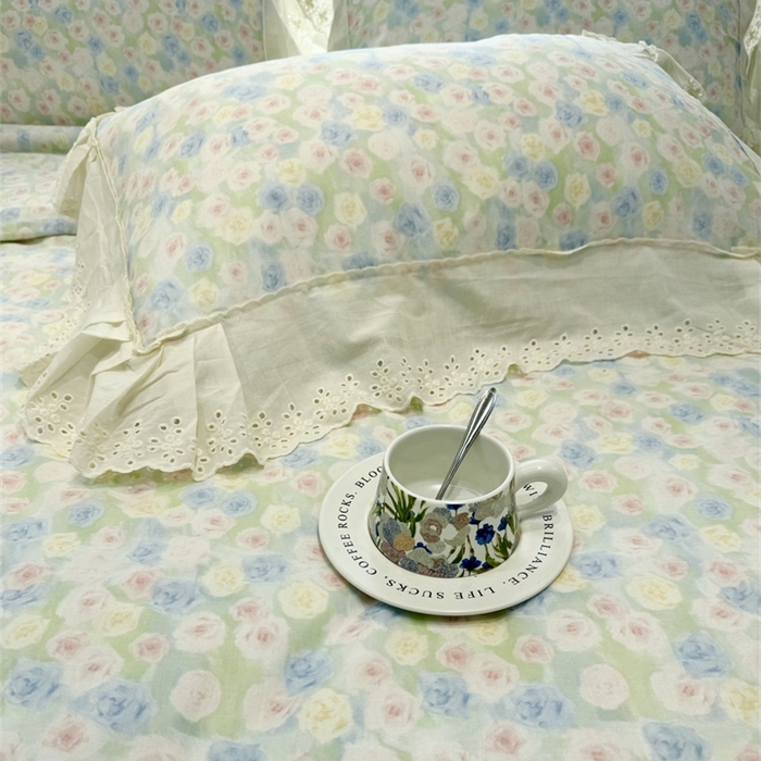 91家纺网 家纺一手货源 找家纺 眠博士2025新款双层纱印花花边夏被花卉系列  夏被-薄雾玫瑰