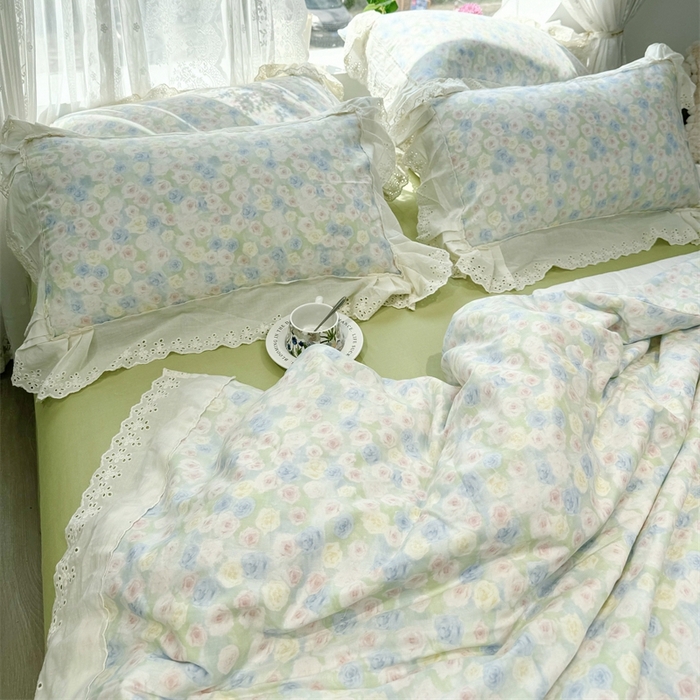 91家纺网 家纺一手货源 找家纺 眠博士2025新款双层纱印花花边夏被花卉系列  夏被-薄雾玫瑰