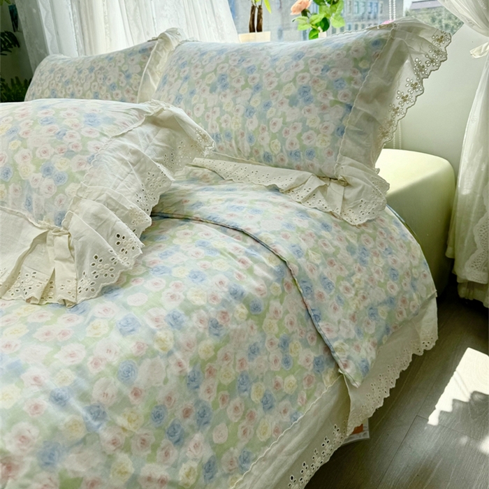 91家纺网 家纺一手货源 找家纺 眠博士2025新款双层纱印花花边夏被花卉系列  夏被-薄雾玫瑰