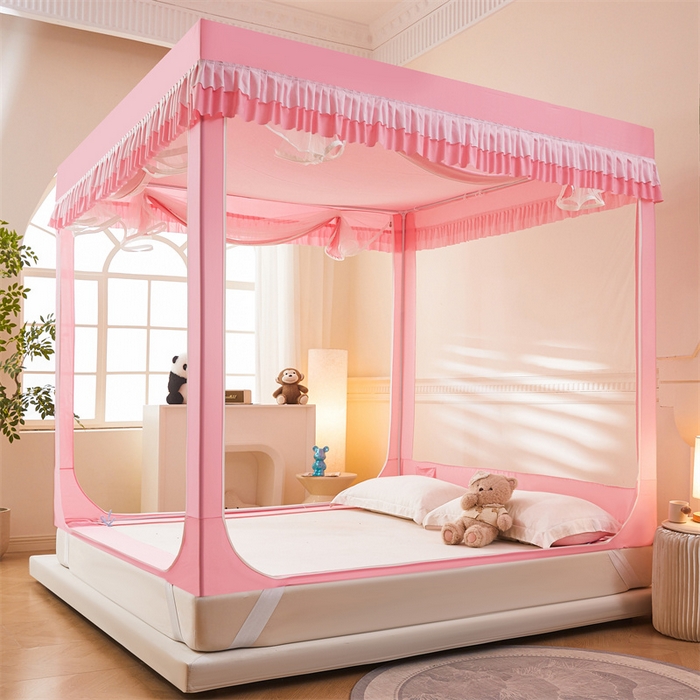 91家纺网 家纺一手货源 找家纺 浪幔纱蚊帐 2025新款A类可拆卸床单全底防摔蚊帐遮光床帘一体式回底拉链坐床 樱花粉【回底款】