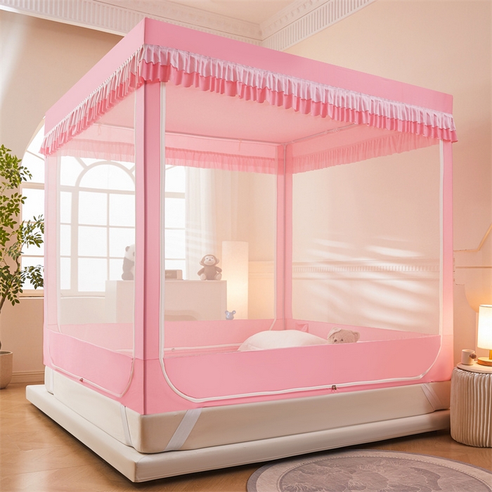 91家纺网 家纺一手货源 找家纺 浪幔纱蚊帐 2025新款A类可拆卸床单全底防摔蚊帐遮光床帘一体式回底拉链坐床 樱花粉【回底款】