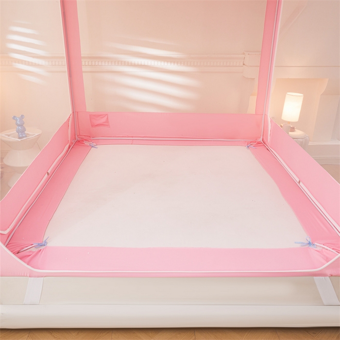 91家纺网 家纺一手货源 找家纺 浪幔纱蚊帐 2025新款A类可拆卸床单全底防摔蚊帐遮光床帘一体式回底拉链坐床 樱花粉【回底款】