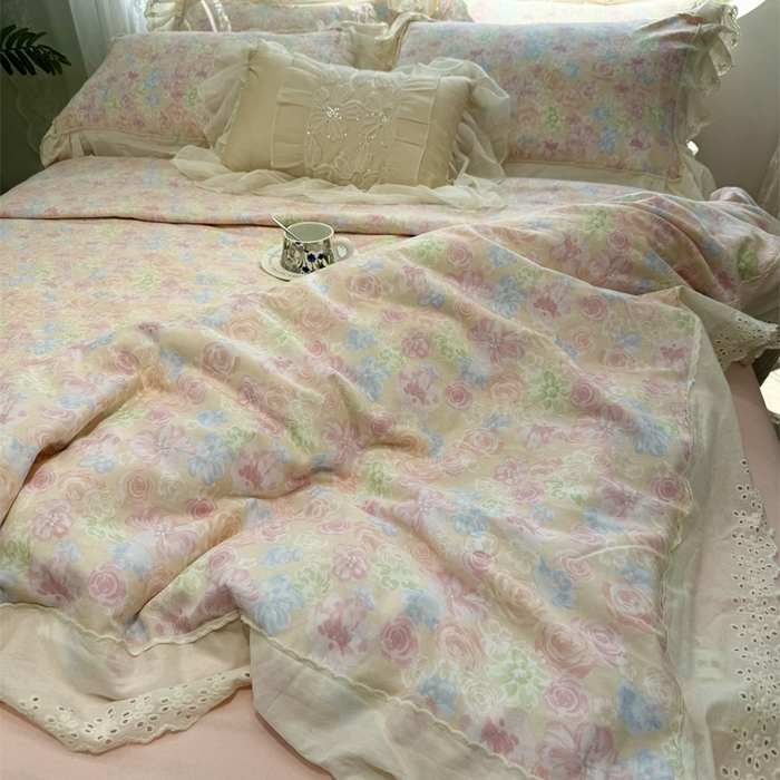 91家纺网 家纺一手货源 找家纺 眠博士2025新款双层纱印花花边夏被花卉系列  夏被-梨落