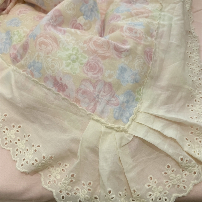 91家纺网 家纺一手货源 找家纺 眠博士2025新款双层纱印花花边夏被花卉系列  夏被-梨落