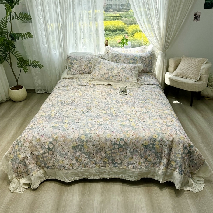 91家纺网 家纺一手货源 找家纺 眠博士2025新款双层纱印花花边夏被花卉系列  夏被-楼兰