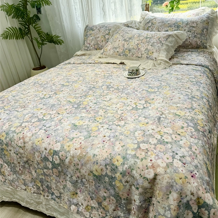 91家纺网 家纺一手货源 找家纺 眠博士2025新款双层纱印花花边夏被花卉系列  夏被-楼兰