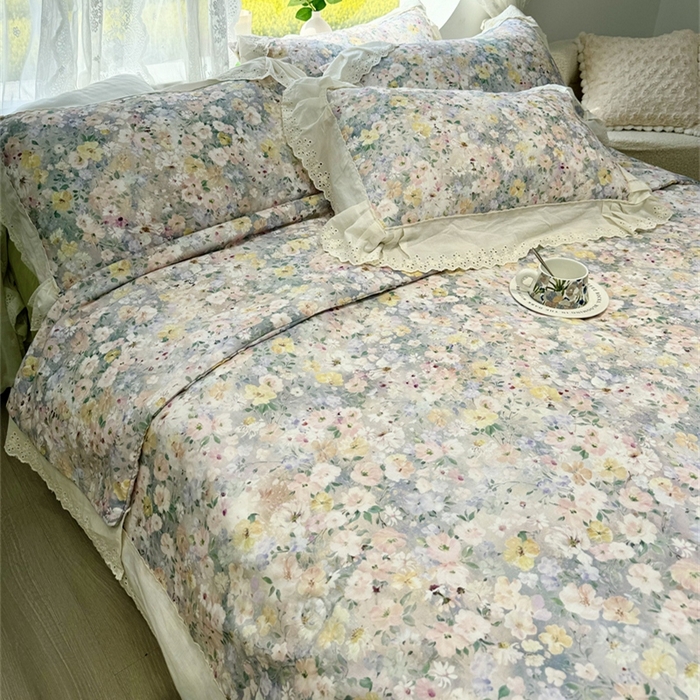 91家纺网 家纺一手货源 找家纺 眠博士2025新款双层纱印花花边夏被花卉系列  夏被-楼兰