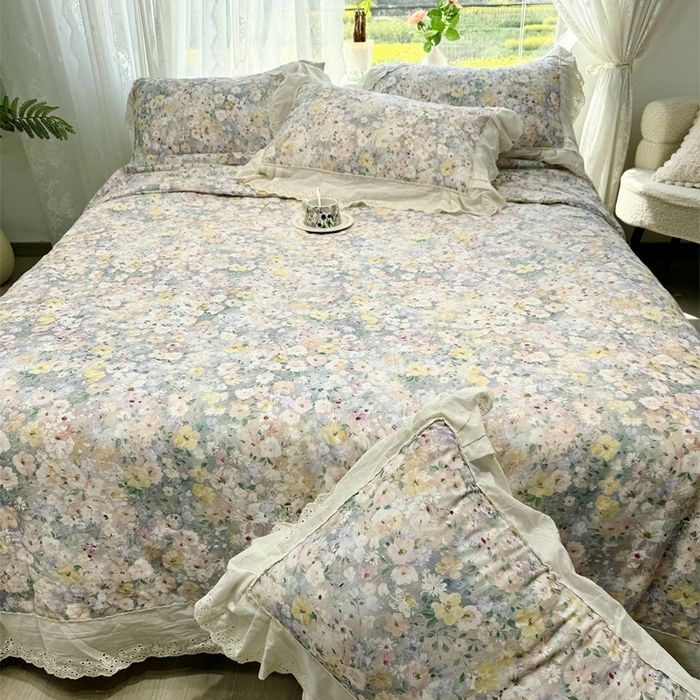 91家纺网 家纺一手货源 找家纺 眠博士2025新款双层纱印花花边夏被花卉系列  夏被-楼兰
