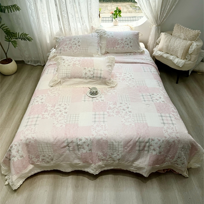 91家纺网 家纺一手货源 找家纺 眠博士2025新款双层纱印花花边夏被花卉系列  夏被-纳福