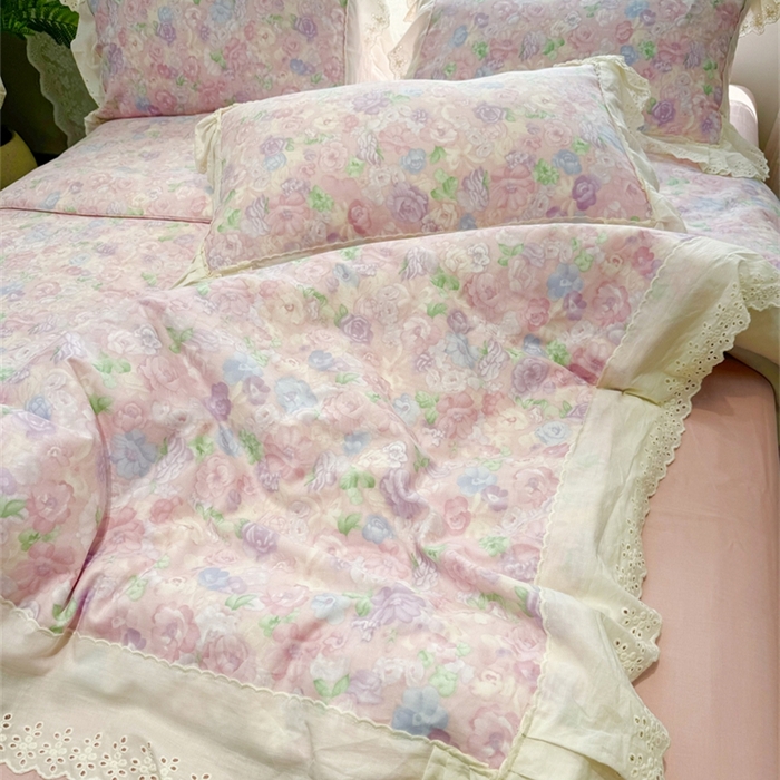 91家纺网 家纺一手货源 找家纺 眠博士2025新款双层纱印花花边夏被花卉系列  夏被-甜美梦境