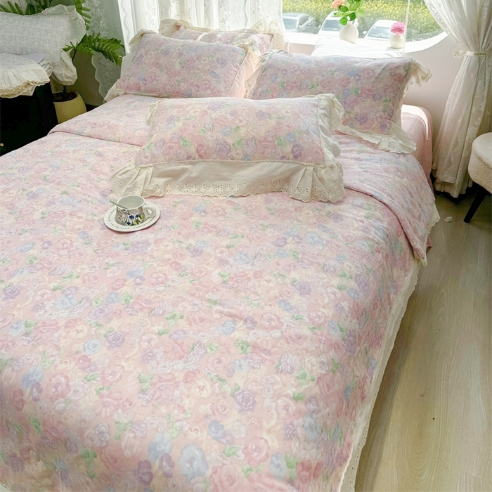 91家纺网 家纺一手货源 找家纺 眠博士2025新款双层纱印花花边夏被花卉系列  夏被-甜美梦境