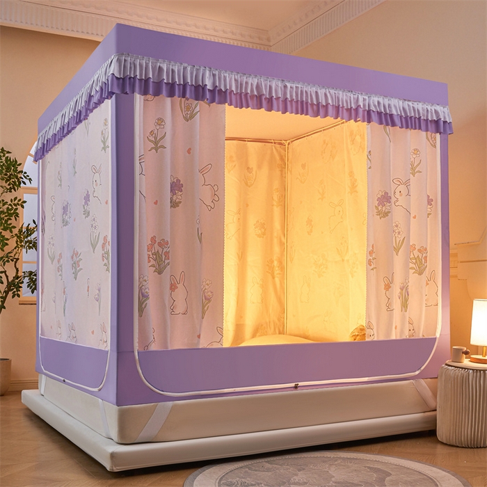 91家纺网 家纺一手货源 找家纺 浪幔纱蚊帐 2025新款A类可拆卸床单全底防摔蚊帐遮光床帘一体式回底拉链坐床 花丛小兔【全底款】