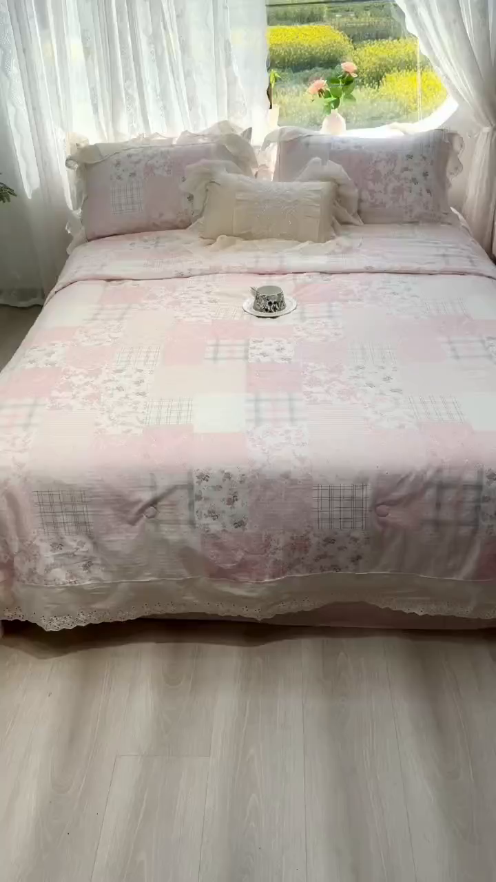 91家纺网 家纺一手货源 找家纺 眠博士2025新款双层纱印花花边夏被花卉系列  夏被-纳福