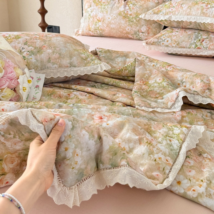 91家纺网 家纺一手货源 找家纺 眠博士2025新款双层纱印花法式花边夏被  夏被-烟雨江南（黄）