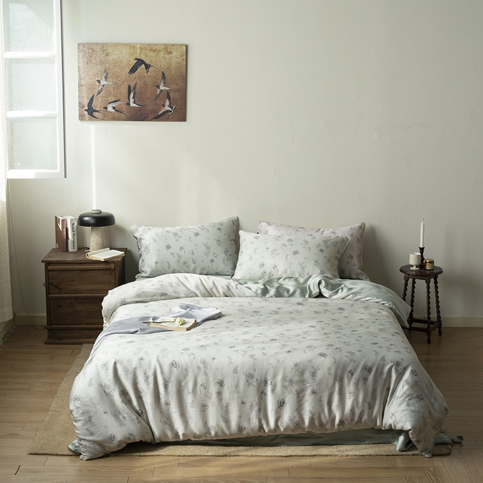 91家纺网 家纺一手货源 找家纺 咏绒家纺工厂店 2025新款A类奥地利进口天丝轻奢花卉款四件套系列 知晓绿-风格一