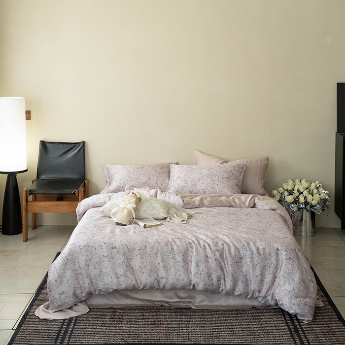 咏绒家纺工厂店 2025新款A类奥地利进口天丝轻奢花卉款四件套系列 安夏粉-风格二