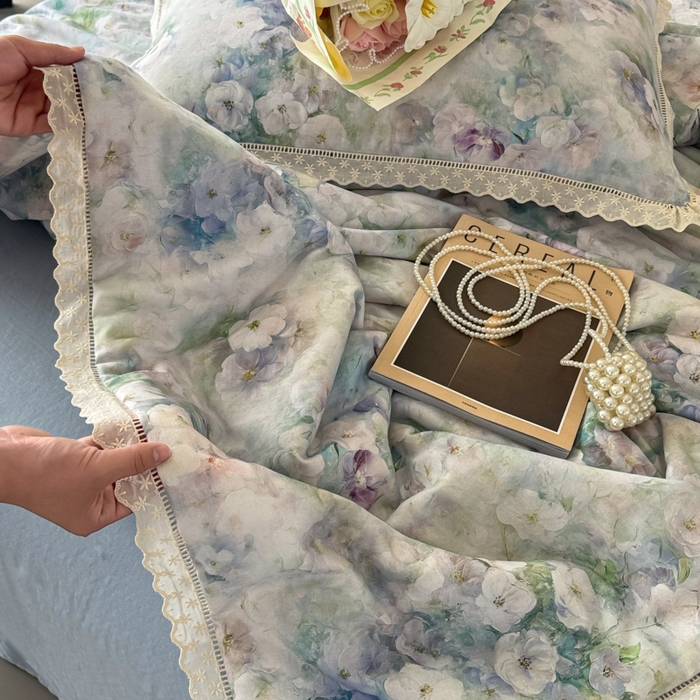 91家纺网 家纺一手货源 找家纺 眠博士2025新款双层纱印花法式花边夏被  夏被-花曲里（蓝）