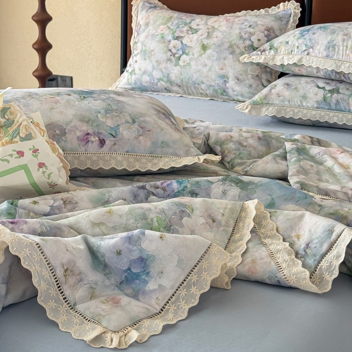 91家纺网 家纺一手货源 找家纺 眠博士2025新款双层纱印花法式花边夏被  夏被-花曲里（蓝）