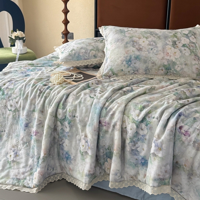 91家纺网 家纺一手货源 找家纺 眠博士2025新款双层纱印花法式花边夏被  夏被-花曲里（蓝）