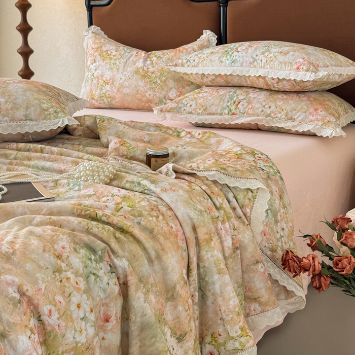 91家纺网 家纺一手货源 找家纺 眠博士2025新款双层纱印花法式花边夏被  夏被-烟雨江南（黄）