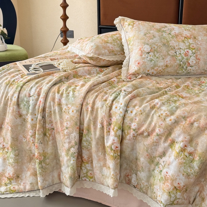 91家纺网 家纺一手货源 找家纺 眠博士2025新款双层纱印花法式花边夏被  夏被-烟雨江南（黄）