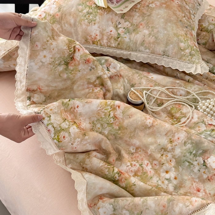 91家纺网 家纺一手货源 找家纺 眠博士2025新款双层纱印花法式花边夏被  夏被-烟雨江南（黄）