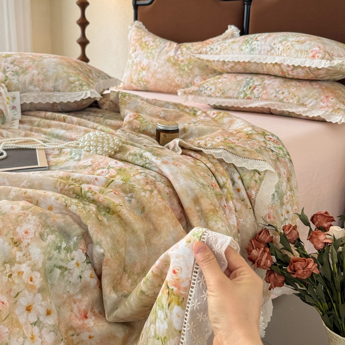 91家纺网 家纺一手货源 找家纺 眠博士2025新款双层纱印花法式花边夏被  夏被-烟雨江南（黄）