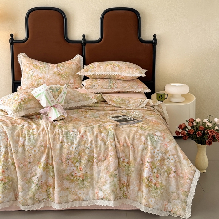 91家纺网 家纺一手货源 找家纺 眠博士2025新款双层纱印花法式花边夏被  夏被-烟雨江南（黄）