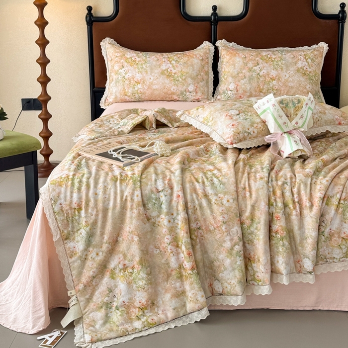 91家纺网 家纺一手货源 找家纺 眠博士2025新款双层纱印花法式花边夏被  夏被-烟雨江南（黄）