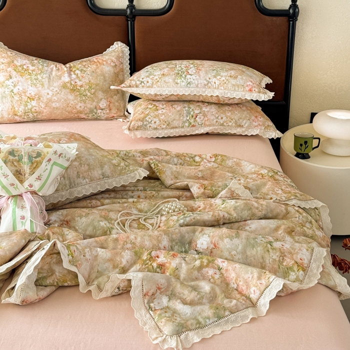 91家纺网 家纺一手货源 找家纺 眠博士2025新款双层纱印花法式花边夏被  夏被-烟雨江南（黄）