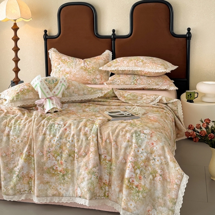 91家纺网 家纺一手货源 找家纺 眠博士2025新款双层纱印花法式花边夏被  夏被-烟雨江南（黄）