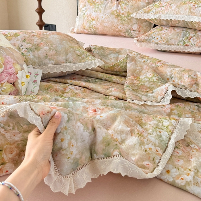 91家纺网 家纺一手货源 找家纺 眠博士2025新款双层纱印花法式花边夏被  夏被-烟雨江南（黄）