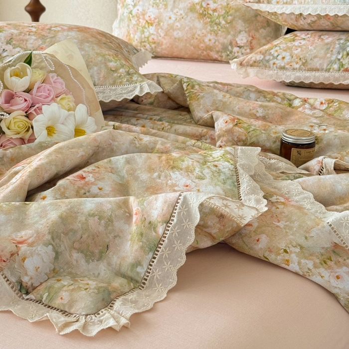 91家纺网 家纺一手货源 找家纺 眠博士2025新款双层纱印花法式花边夏被  夏被-烟雨江南（黄）