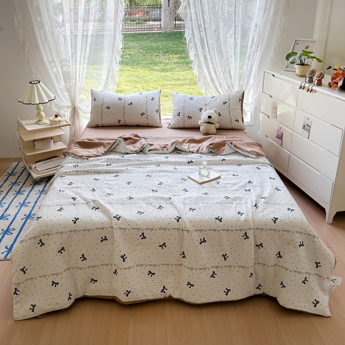 91家纺网 家纺一手货源 找家纺 王朝国际 2025新款直播热款有氧双层纱碎花夏被四件套 爱心碟