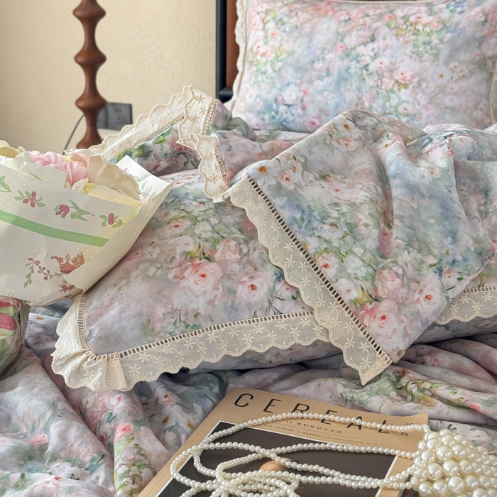 91家纺网 家纺一手货源 找家纺 眠博士2025新款双层纱印花法式花边夏被  夏被-烟雨江南（蓝）