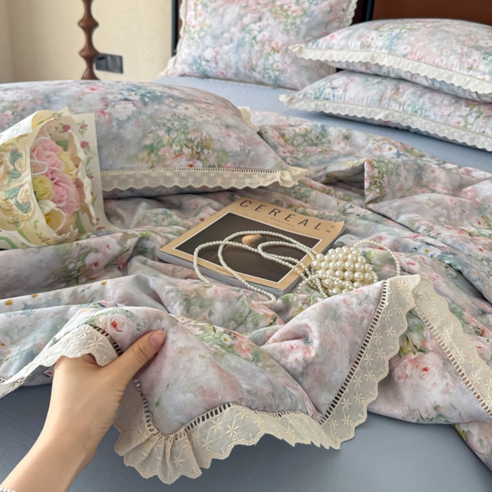 91家纺网 家纺一手货源 找家纺 眠博士2025新款双层纱印花法式花边夏被  夏被-烟雨江南（蓝）