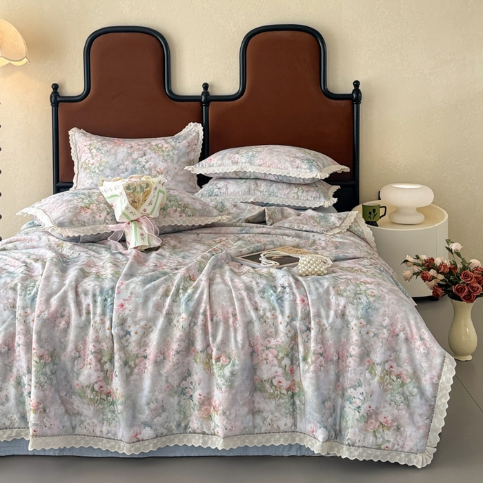 91家纺网 家纺一手货源 找家纺 眠博士2025新款双层纱印花法式花边夏被  夏被-烟雨江南（蓝）