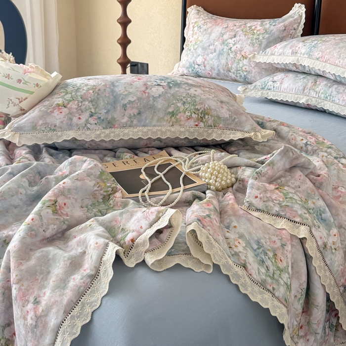 91家纺网 家纺一手货源 找家纺 眠博士2025新款双层纱印花法式花边夏被  夏被-烟雨江南（蓝）