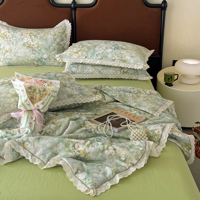 91家纺网 家纺一手货源 找家纺 眠博士2025新款双层纱印花法式花边夏被  夏被-烟雨江南（绿）