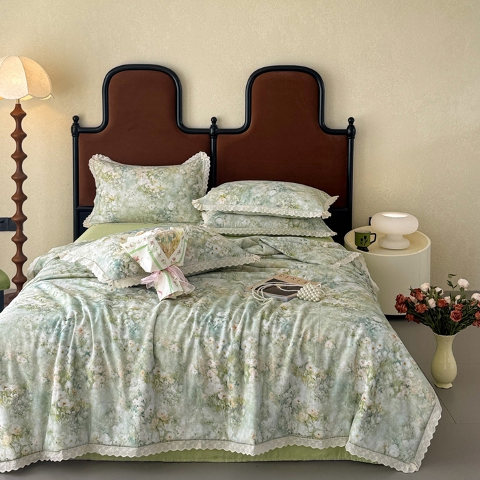 91家纺网 家纺一手货源 找家纺 眠博士2025新款双层纱印花法式花边夏被  夏被-烟雨江南（绿）