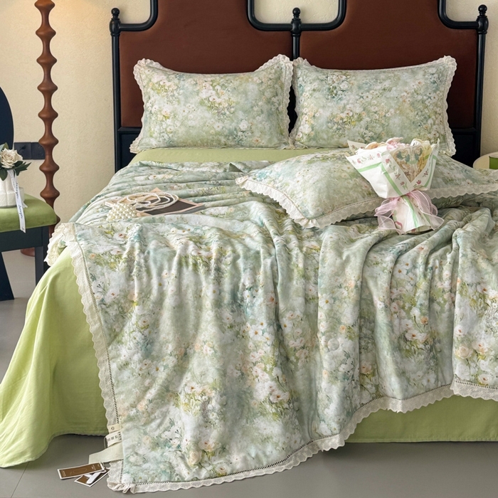 91家纺网 家纺一手货源 找家纺 眠博士2025新款双层纱印花法式花边夏被  夏被-烟雨江南（绿）