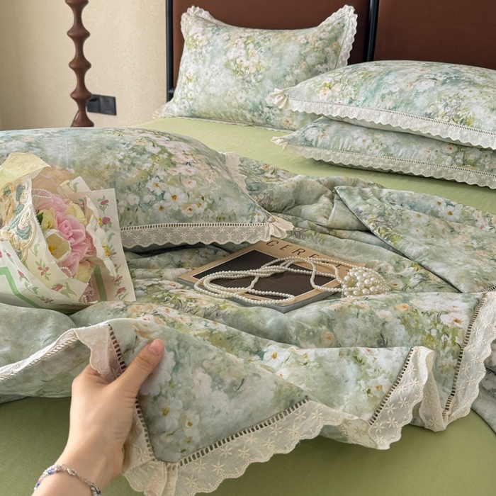 91家纺网 家纺一手货源 找家纺 眠博士2025新款双层纱印花法式花边夏被  夏被-烟雨江南（绿）