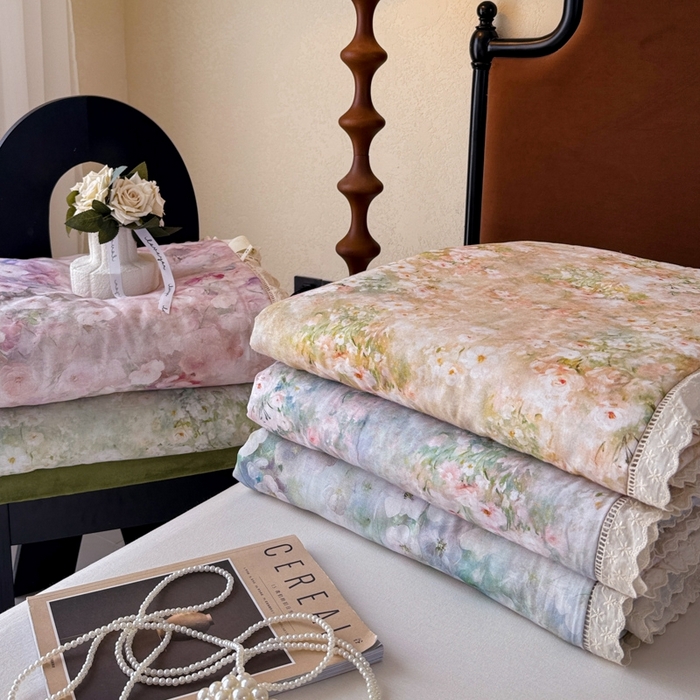91家纺网 家纺一手货源 找家纺 眠博士2025新款双层纱印花法式花边夏被  组合（仅供参考）