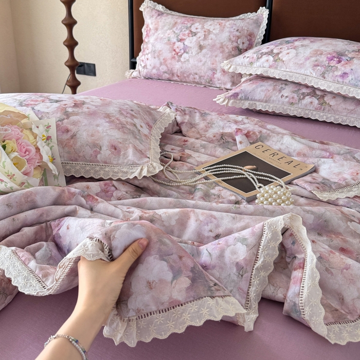 眠博士2025新款双层纱印花法式花边夏被  夏被-花曲里（粉）
